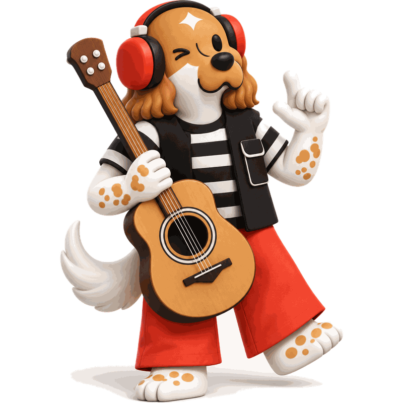 Maskot REMIX bermain gitar akustik